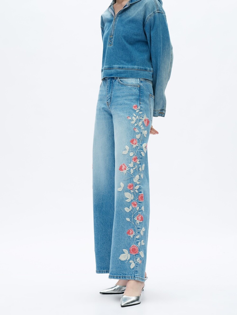 Bayeas Light Blue Barrel Jeans with Pink Rose Embroidery - Picture 6 of 11